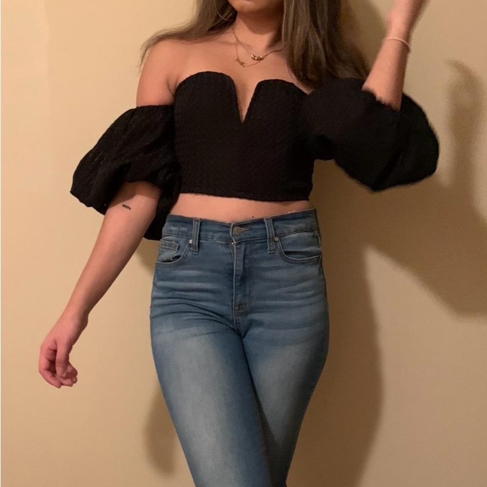 Nasty Gal Black Puff Sleeve Crop Blouse